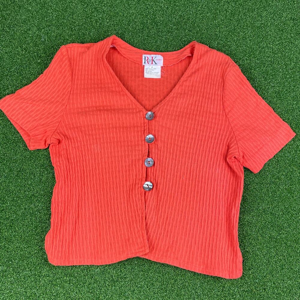 Vintage 90s Y2K R&K Originals Orange Short Sleeve Pointelle Button Up Top Sz 8